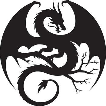 A silhouette of a dragon perched on a bare tree branch with its wings spread in a circular design vector