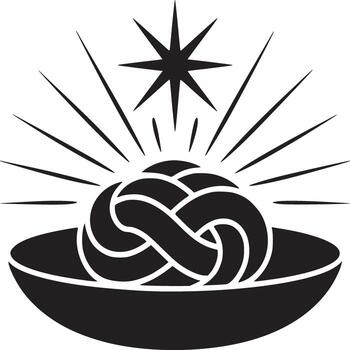 Black and white graphic of a knot in a bowl with a star and radiating lines above the knot design vector