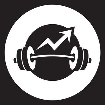 A graphic of a barbell with an arrow pointing upwards inside a circle on a black background vector