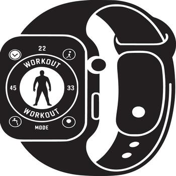 A black and white graphic of a smart watch displaying a workout mode on a white background vector