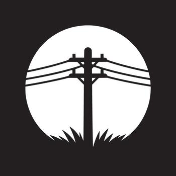 A stark silhouette of a utility pole and wires against a bright circular background with grass below vector