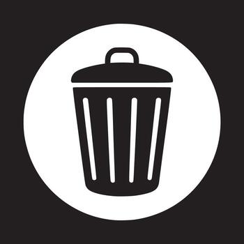 A black and white graphic of a trash can inside of a white circle on a black background design icon vector