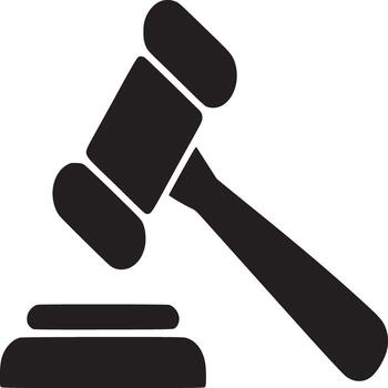 A black silhouette of a gavel resting on its block against a plain white background in simple style vector