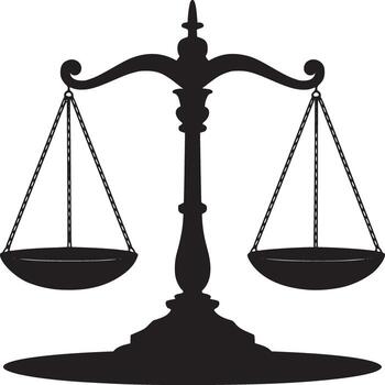A black silhouette of a balance scale with two pans hanging from chains on a white background image vector
