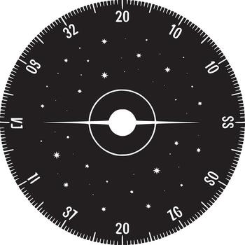 Black and white circular design with numbers stars and a central white circle and lines graphic vector