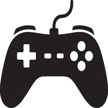 A black and white graphic illustration of a classic game controller with a wired connection vector