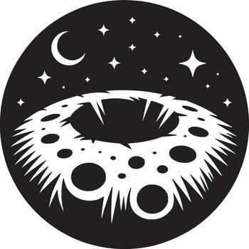 un negro y blanco ilustración de un Luna con un cráter y estrellas en un circular diseño elemento vector