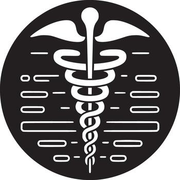 White caduceus symbol with wings and snake on a black circle with abstract line decorations around it vector