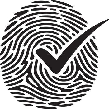 A black fingerprint with a check mark on a white background in a simple graphic illustration vector