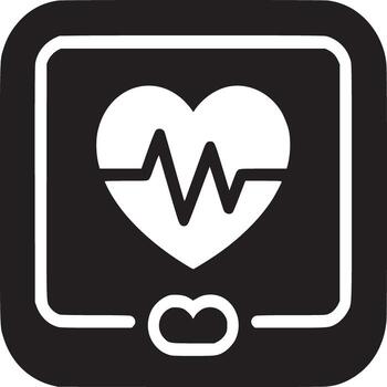 A black and white medical device icon displaying a heart with a heartbeat line inside of a screen vector