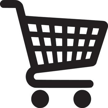 A black shopping cart icon with a grid pattern on the basket against a white background plain style vector