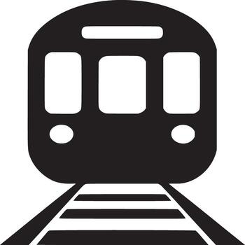 A black and white graphic of a train with tracks on a white background in a simple minimalist style vector