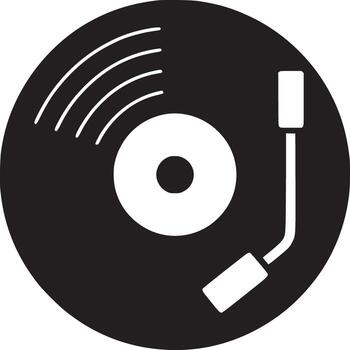 A black and white graphic illustration of a record player on a white background surface design vector