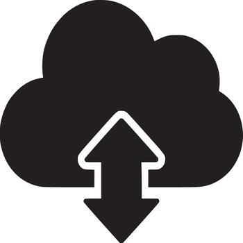 A black cloud with an arrow pointing up and down on a white background in a simple graphic style vector