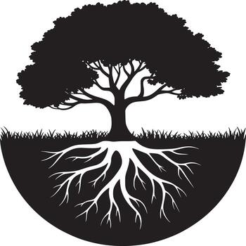 A black and white illustration of a tree with roots inside a semi circle shape on a white background vector