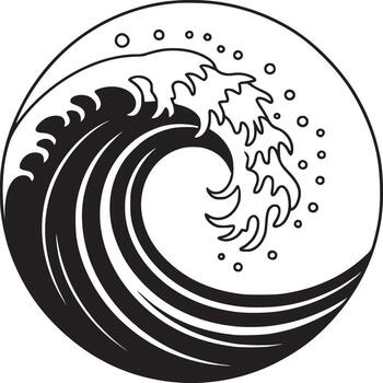 A black and white graphic design of a wave inside of a circle with water bubbles surrounding it vector