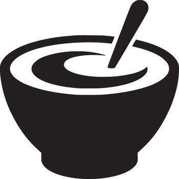 A simple black and white illustration of a bowl with a spoon inside on a white background plain design vector