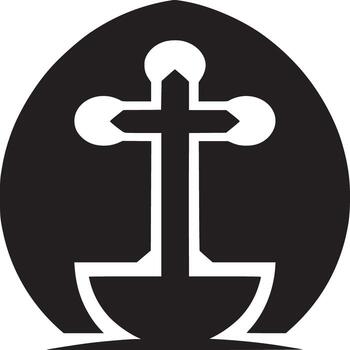 Black and white graphic of a cross with circular elements inside an oval shaped background design vector