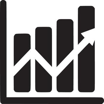 A black and white illustration of a bar graph with an arrow pointing upwards to the right corner vector