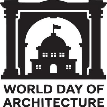 negro y blanco mundo día de arquitectura logo con edificio silueta y arco diseño elemento vector