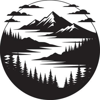 Black and white mountain landscape with lake and trees in a circular design element isolated vector