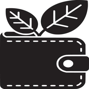 A black and white graphic of a wallet with two leaves sprouting from the top of the wallet design vector
