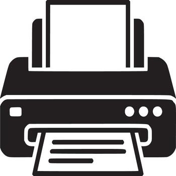 A black and white graphic of a printer with paper coming out on a white background in a simple style vector