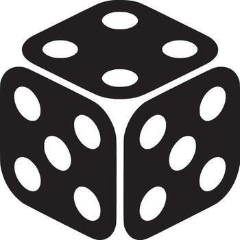 A graphic illustration of a black die with white dots on a white background in a simple design style vector