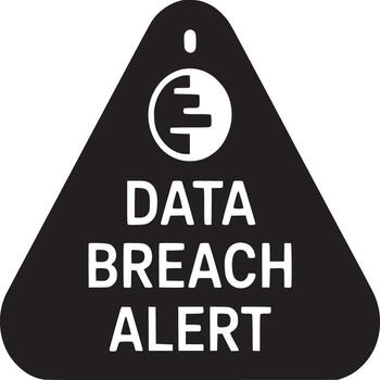 A black triangular sign with data breach alert and a symbol on a white background warning sign vector