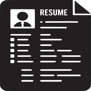 A black and white resume document icon with profile picture and text on a white background isolated vector