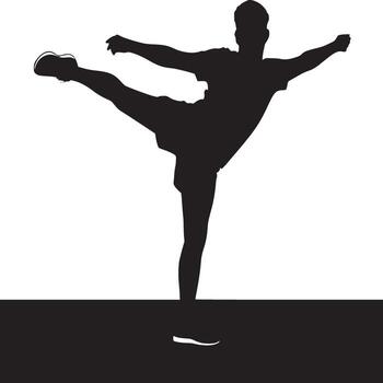 silueta de un persona en un pateando actitud con brazos extendido en contra un contrastando fondo escena Disparo vector