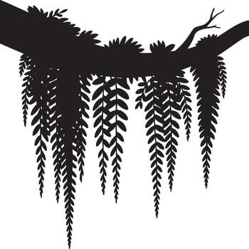 Silhouette of a tree branch with hanging leaves against a white background in a simple illustration vector