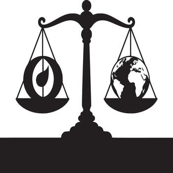 Silhouette of scales balancing a droplet symbol and a globe against a white background design vector