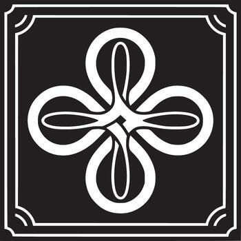 White cloverleaf design inside a black square frame with decorative corner elements in the corners vector