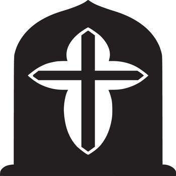 A black tombstone with a white cross in the middle on a white background in a simple illustration vector