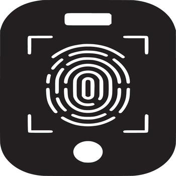 A black and white illustration of a smartphone with a fingerprint scan on the screen in the center vector