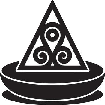 Illustration of a black and white triskelion symbol inside a triangle on a round object base shape vector