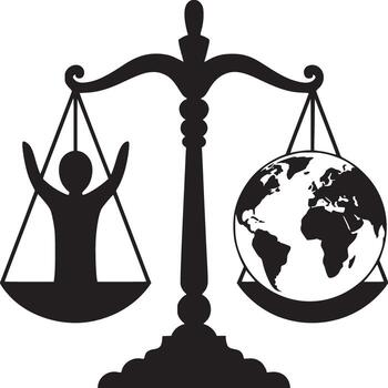 A black and white illustration of a scale with a person and globe on either side in balance vector