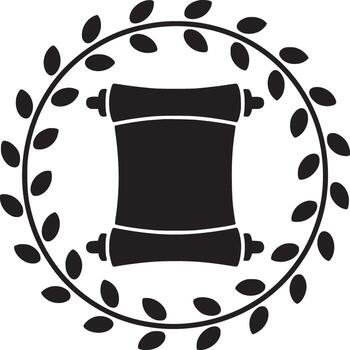 Black scroll silhouette encircled by leafy wreath on a white background in a simple illustration vector