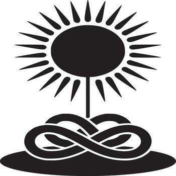A black and white graphic of a sun with rays and a knot design at the base on a white background vector