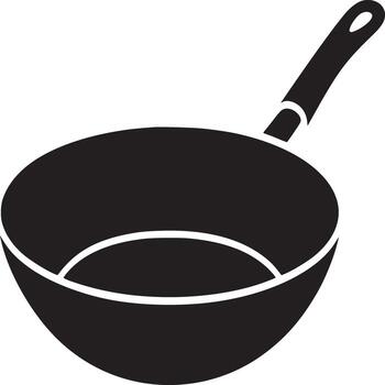 A black and white graphic illustration of a wok with a handle on a white background surface vector