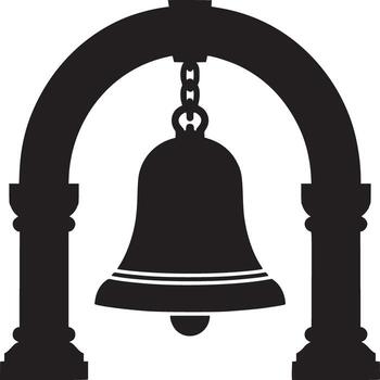 Silhouette of a bell hanging from an archway with pillars in a simple black and white design vector