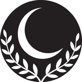 A black circle with a white crescent moon shape and a laurel branch on a white background design vector