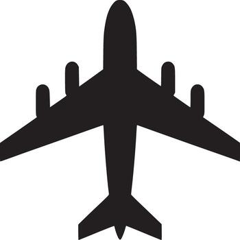 A top down view of a black airplane silhouette with four engines on a white background plain icon vector