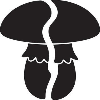 A black and white graphic of a mushroom split down the middle on a white background design element vector