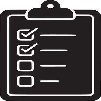 A black and white graphic of a clipboard with checkmarks and empty boxes on a white background image vector