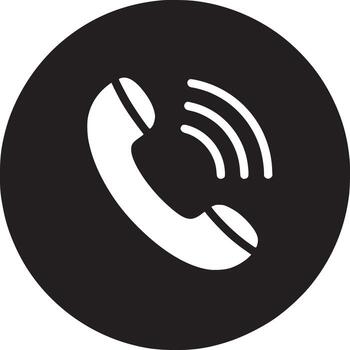 A black circle with a white phone icon and three curved lines indicating sound or a call in progress vector