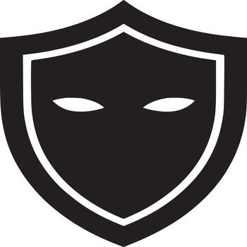 Black shield with eye shapes on a white background in a simple, minimalist design illustration style vector