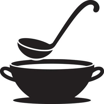 A black and white illustration of a bowl of soup with a ladle hovering above it in simple style vector