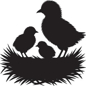 Silhouette of mother bird and two chicks in a nest on a white background simple illustration vector